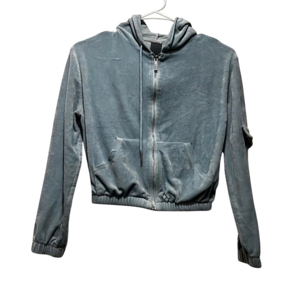 No Boundaries Velour Zip Up Hoodie Dusty Blue Cropped Sweatshirt XS Y2K Style